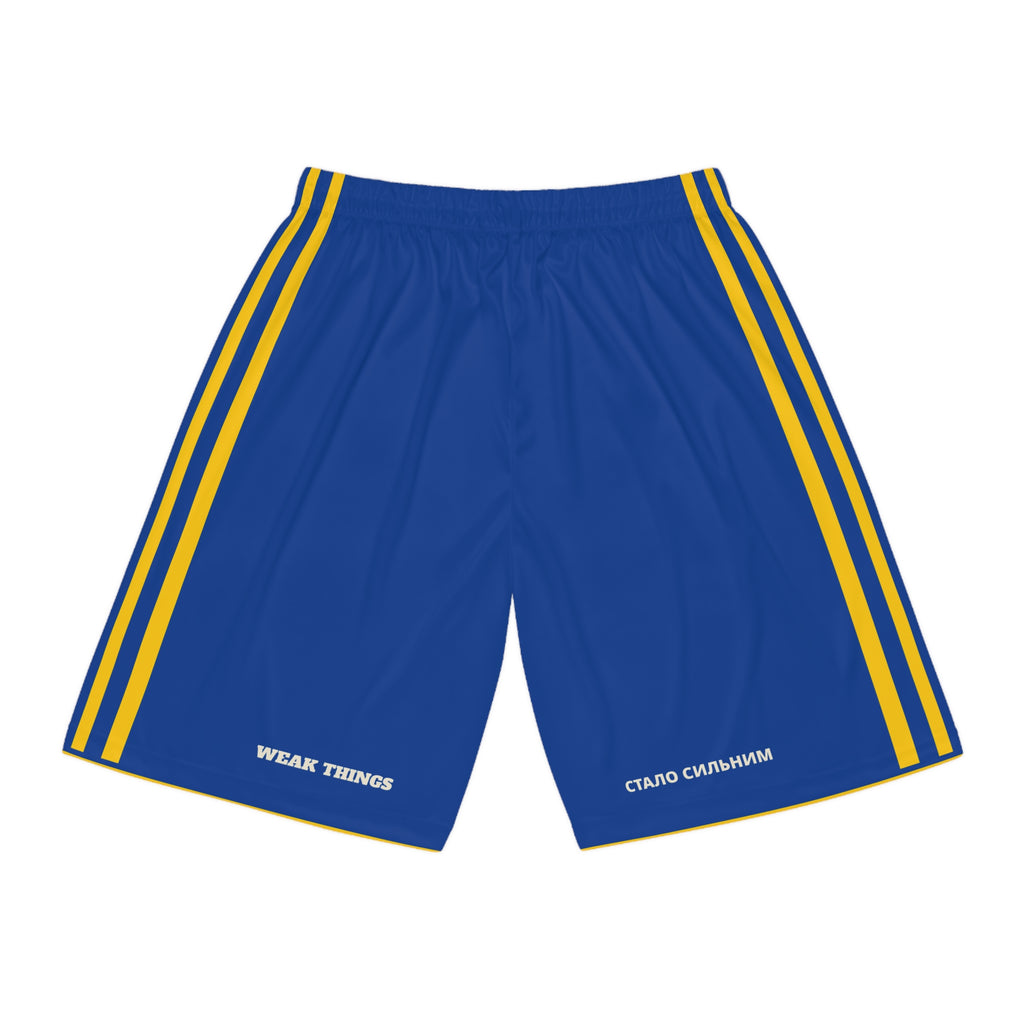 Ukraine Kyiv/Moldova Mission Basketball Shorts, back view with WEAK THINGS and СТАЛО СИЛЬНИМ on the legs