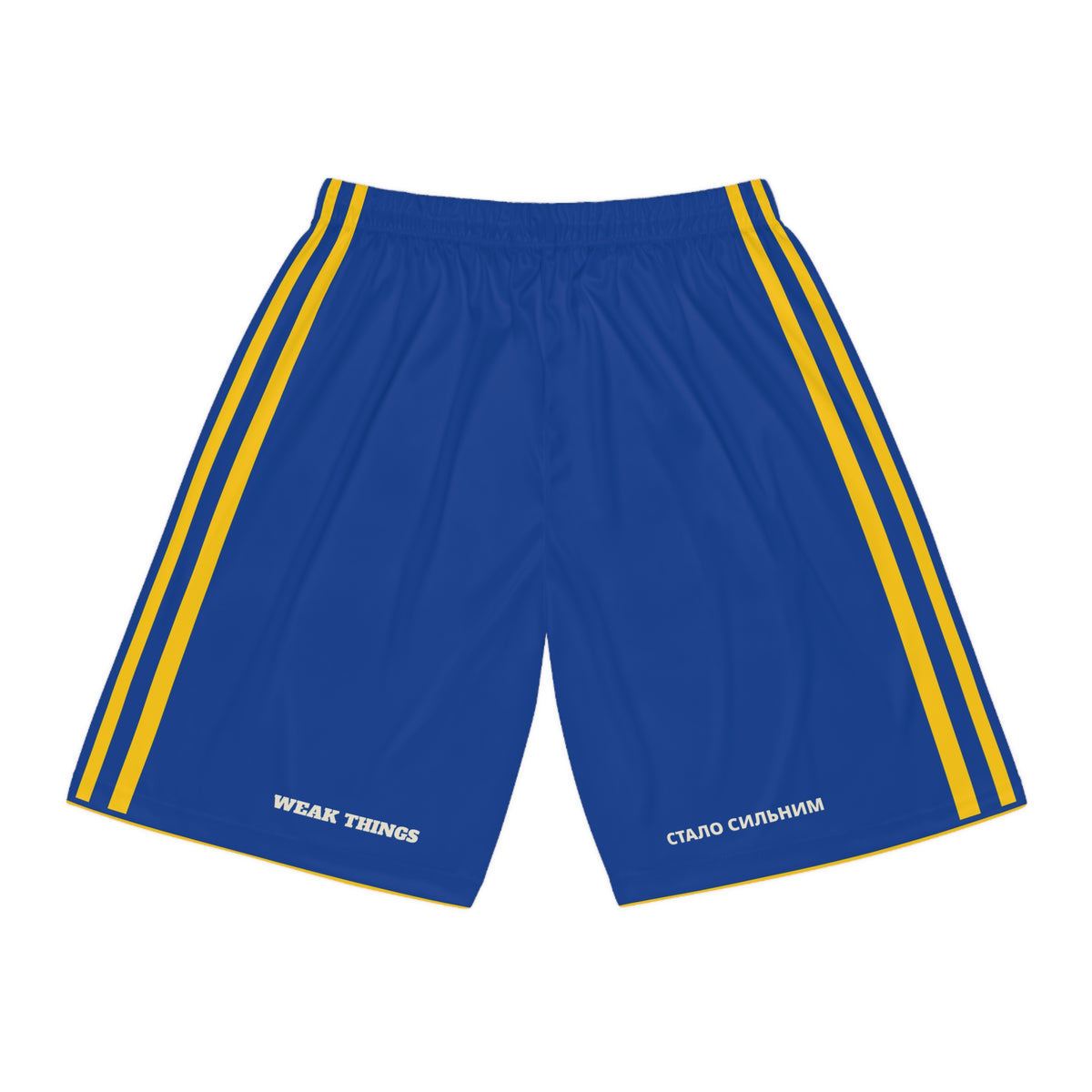Ukraine Kyiv/Moldova Mission Basketball Shorts, back view with WEAK THINGS and СТАЛО СИЛЬНИМ on the legs