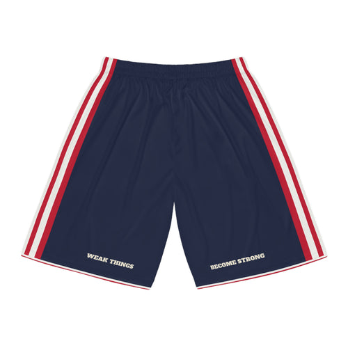 Ohio Columbus Mission Basketball Shorts, back view with WEAK THINGS and BECOME STRONG on the legs