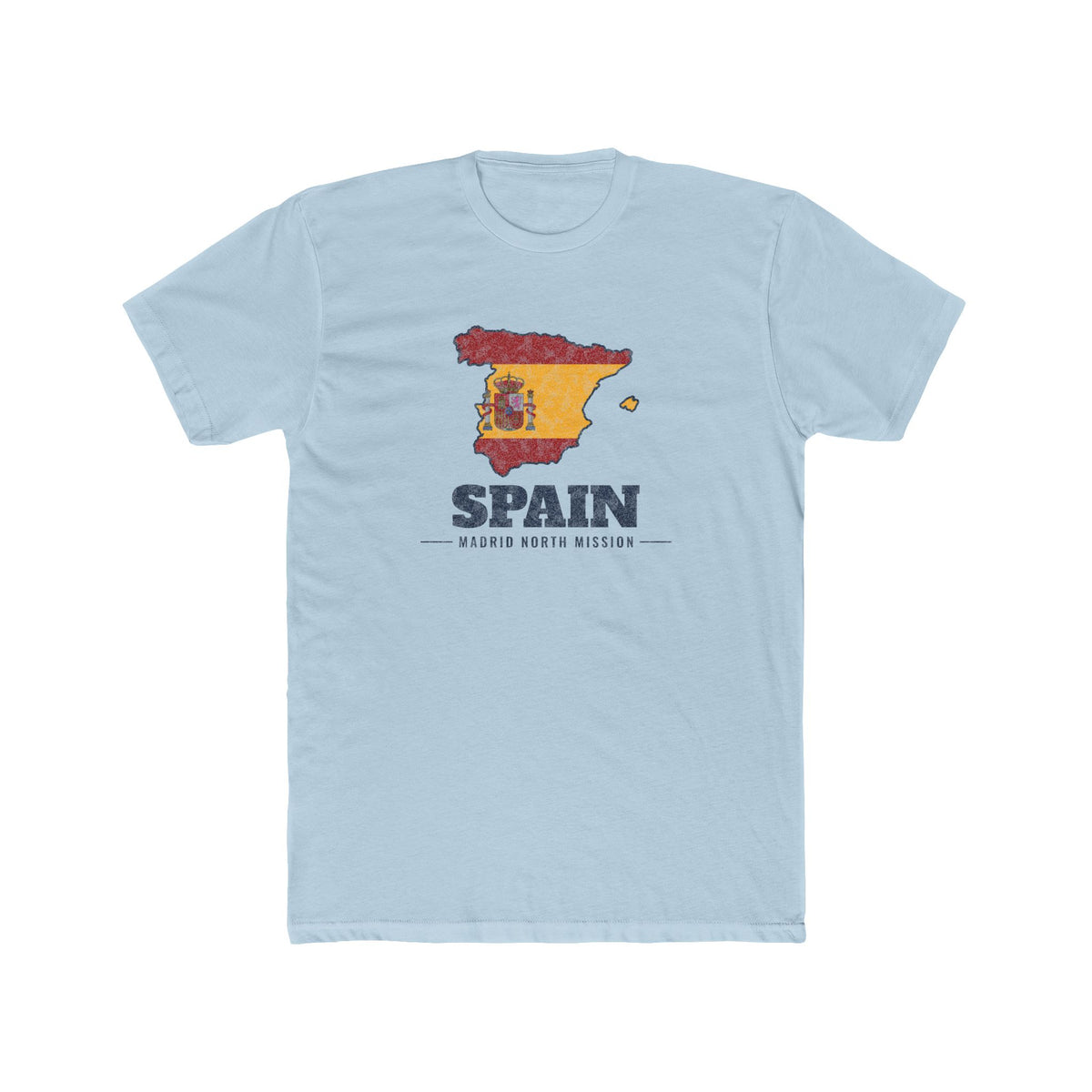Spain Madrid North Mission Flag Map shirt in Desert Pink: flag of Spain in the outline of Spain with navy lettering, front view