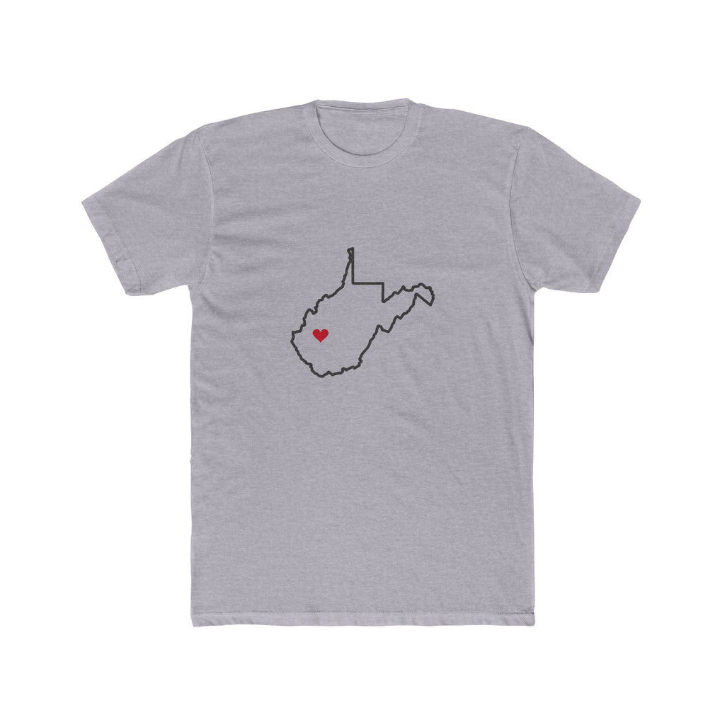 West Virginia Charleston Mission Heart Map shirt in Heather Grey: West Virginia outline with a red heart, front view