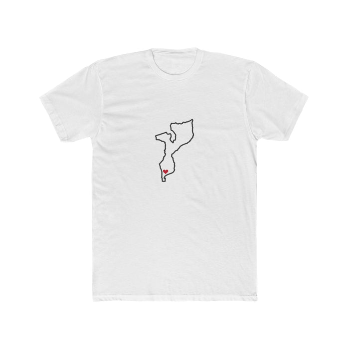 Mozambique Maputo Mission Heart Map shirt in White: Mozambique outline with a red heart, front view