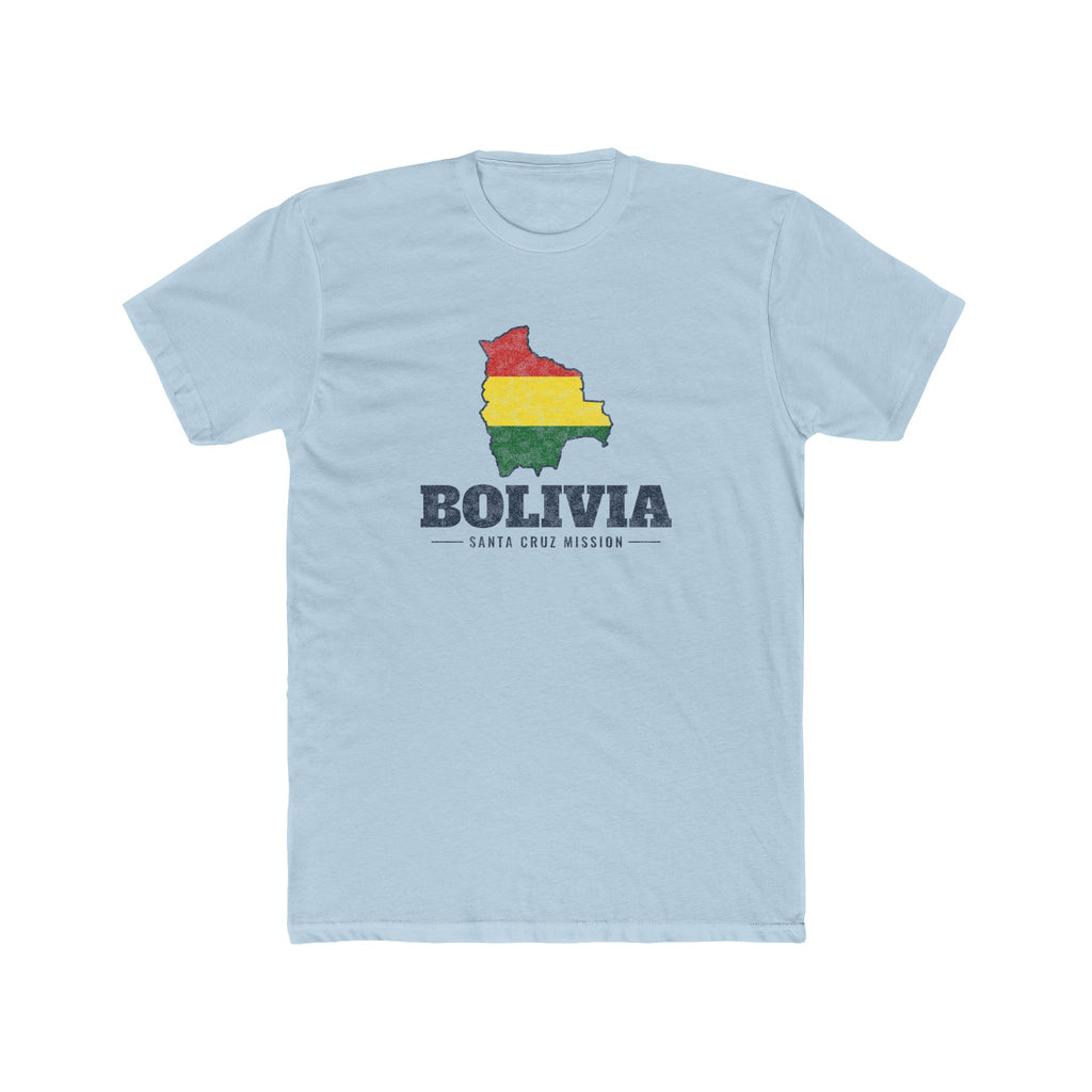 Bolivia Santa Cruz Mission Flag Map shirt in Desert Pink: flag of Bolivia in the outline of Bolivia with navy lettering, front view