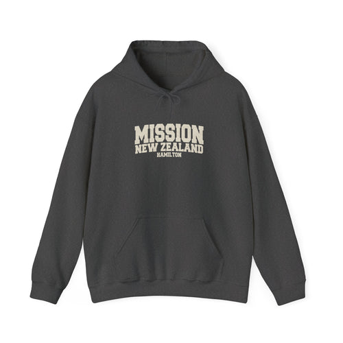 New Zealand Hamilton Mission Hoodie in Dark Heather, front view with the varsity mission design