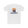 Arizona Gilbert Mission Flag Map shirt in White: Arizona state flag in the outline of Arizona with navy lettering, front view