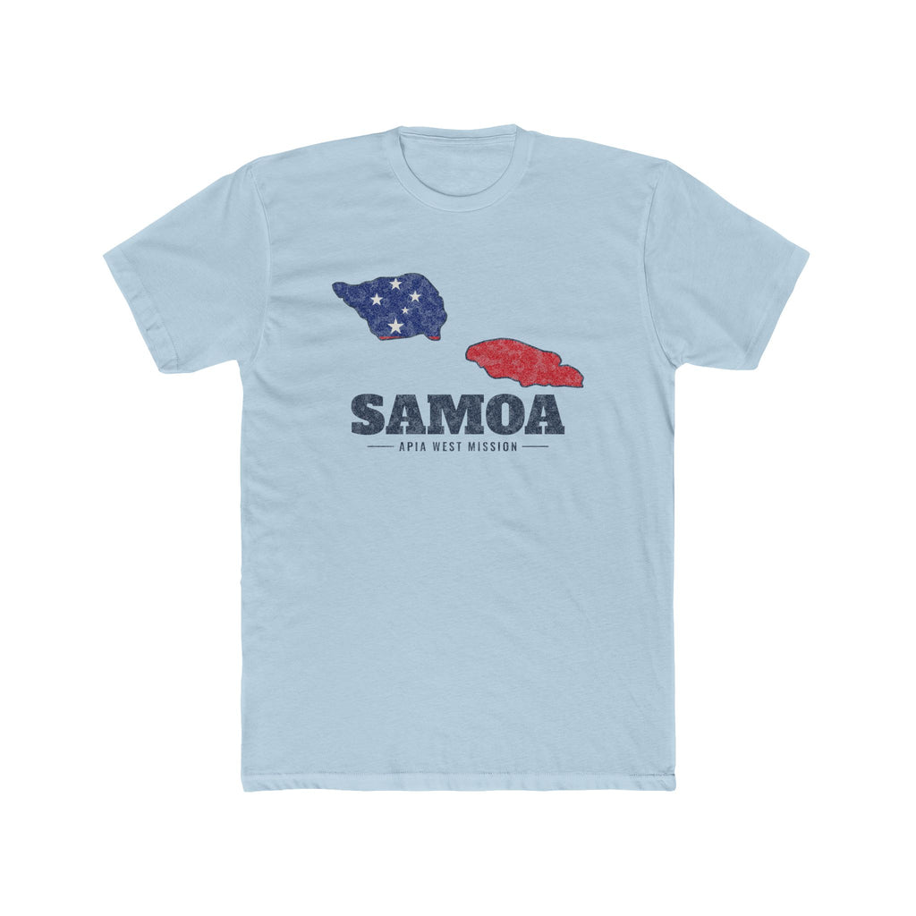 Samoa Apia West Mission Flag Map shirt in Desert Pink: flag of Samoa in the outline of Samoa with navy lettering, front view