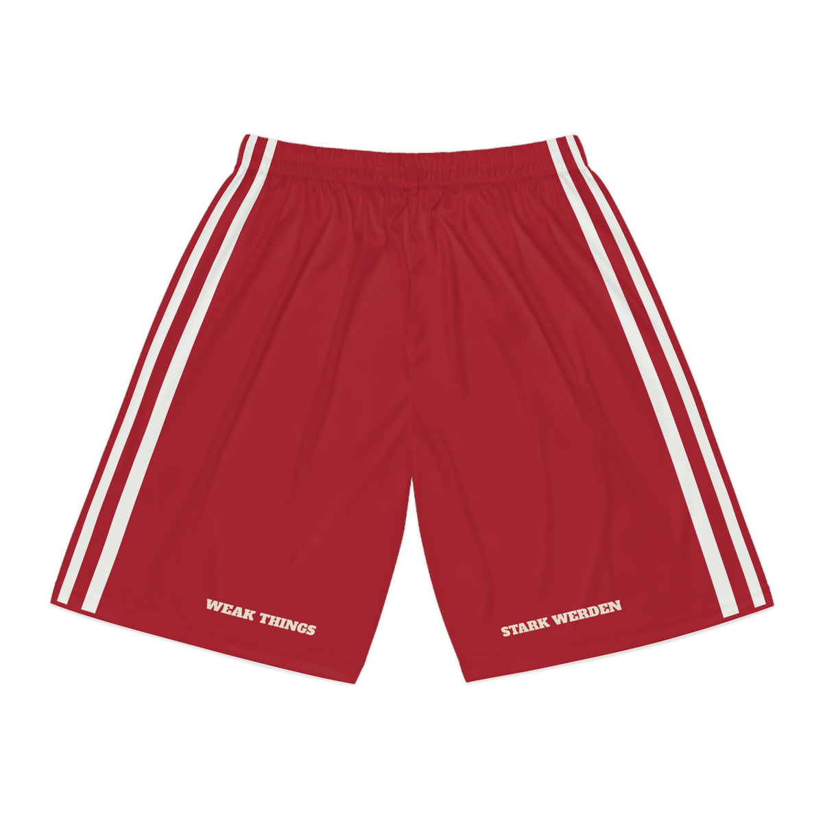 Alpine German-Speaking Mission Basketball Shorts, back view with WEAK THINGS and STARK WERDEN on the legs