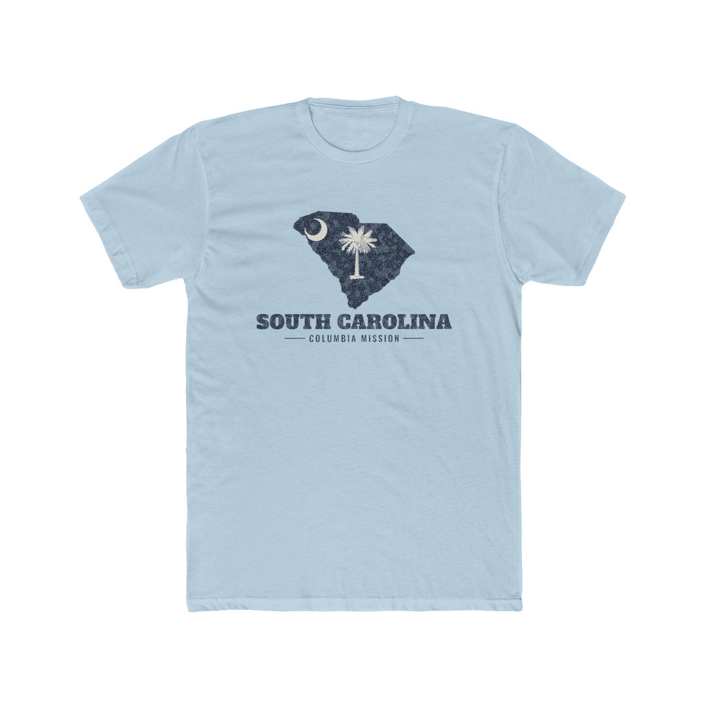 South Carolina Columbia Mission Flag Map shirt in Desert Pink: South Carolina state flag in the outline of South Carolina with navy lettering, front view
