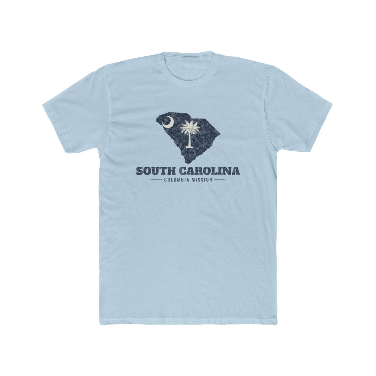 South Carolina Columbia Mission Flag Map shirt in Desert Pink: South Carolina state flag in the outline of South Carolina with navy lettering, front view