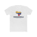 Venezuela Caracas Mission Flag Map shirt in White: flag of Venezuela in the outline of Venezuela with navy lettering, front view
