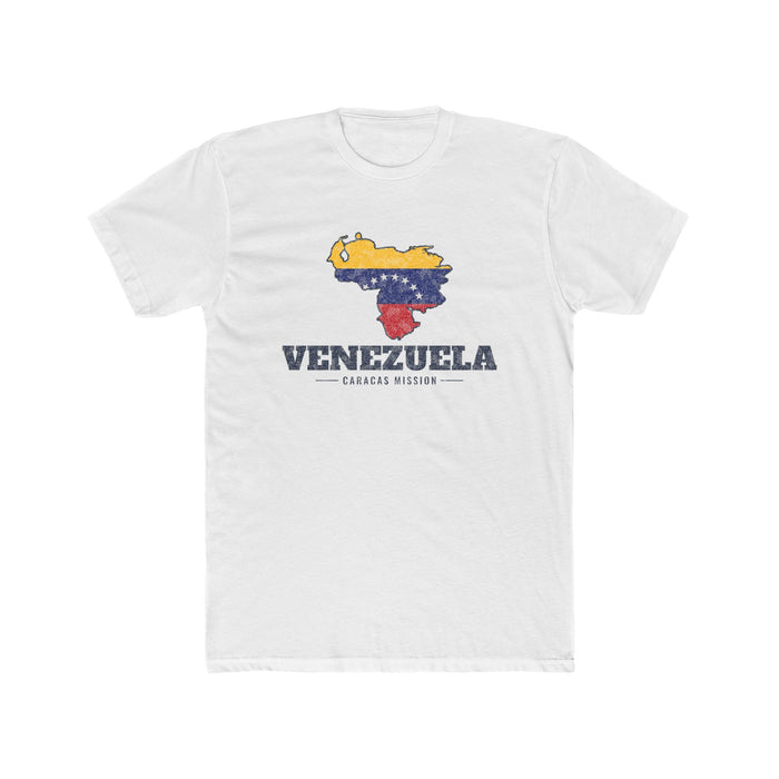 Venezuela Caracas Mission Flag Map shirt in White: flag of Venezuela in the outline of Venezuela with navy lettering, front view