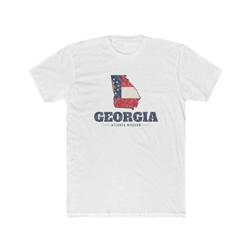 Georgia Atlanta Mission Flag Map shirt in White: Georgia state flag in the outline of Georgia with navy lettering, front view
