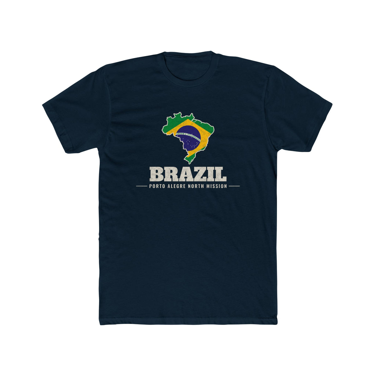Brazil Porto Alegre North Mission Flag Map shirt in Black: flag of Brazil in the outline of Brazil with cream lettering, front view