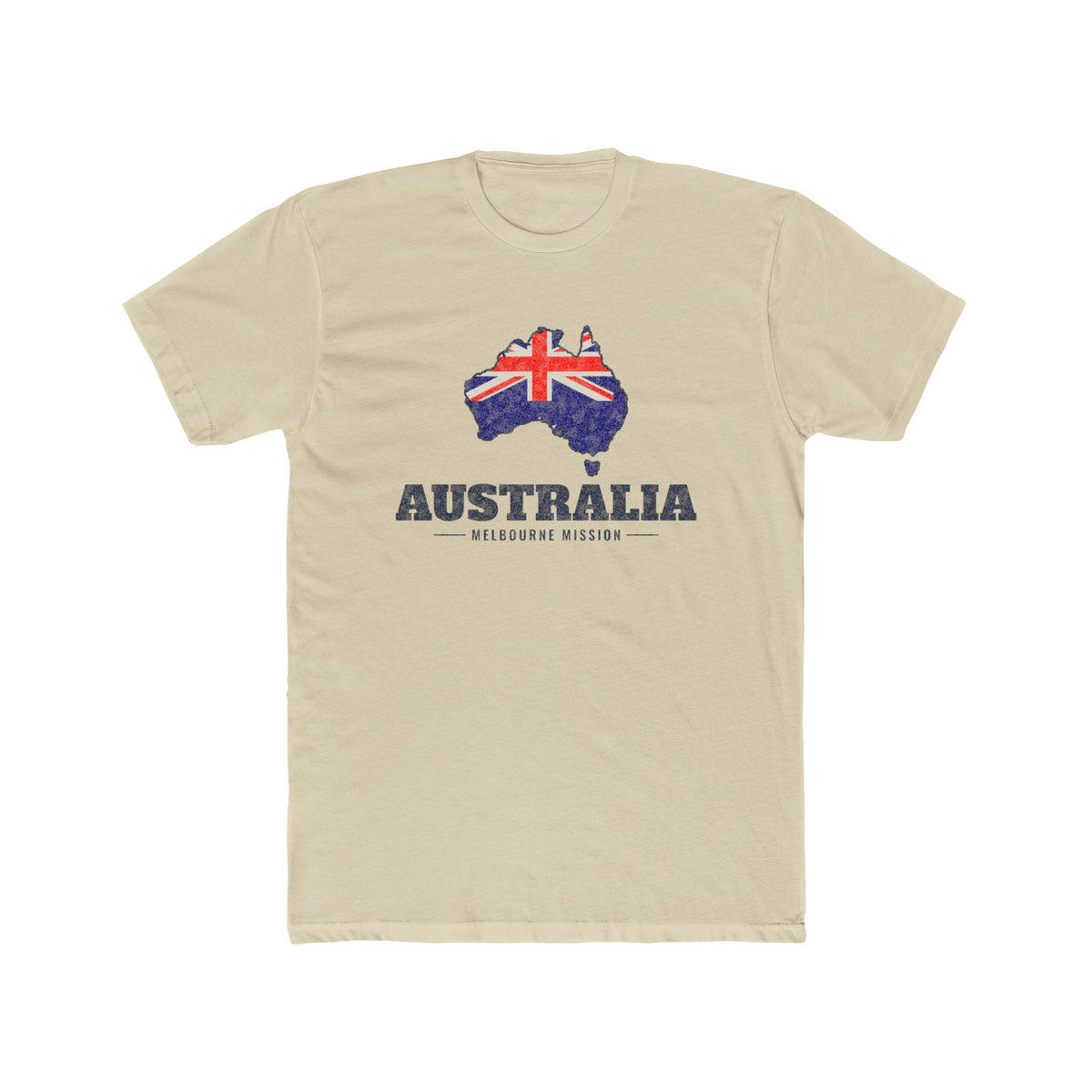 Australia Melbourne Mission Flag Map shirt in Cream: flag of Australia in the outline of Australia with navy lettering, front view