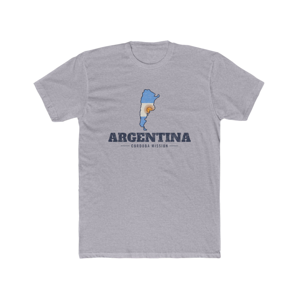 Argentina Cordoba Mission Flag Map shirt in Heather Grey: flag of Argentina in the outline of Argentina with navy lettering, front view