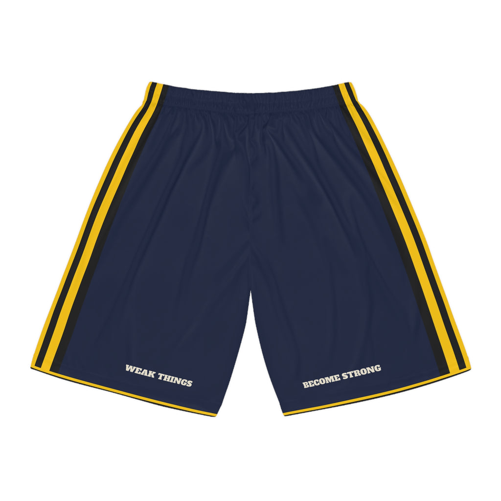 Pennsylvania Pittsburgh Mission Basketball Shorts, back view with WEAK THINGS and BECOME STRONG on the legs