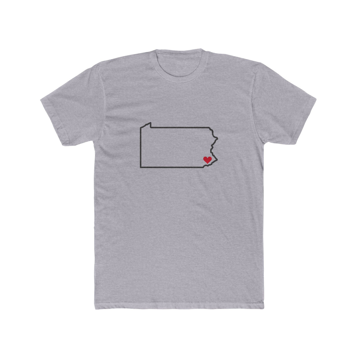 Pennsylvania Philadelphia Mission Heart Map shirt in Heather Grey: Pennsylvania outline with a red heart, front view