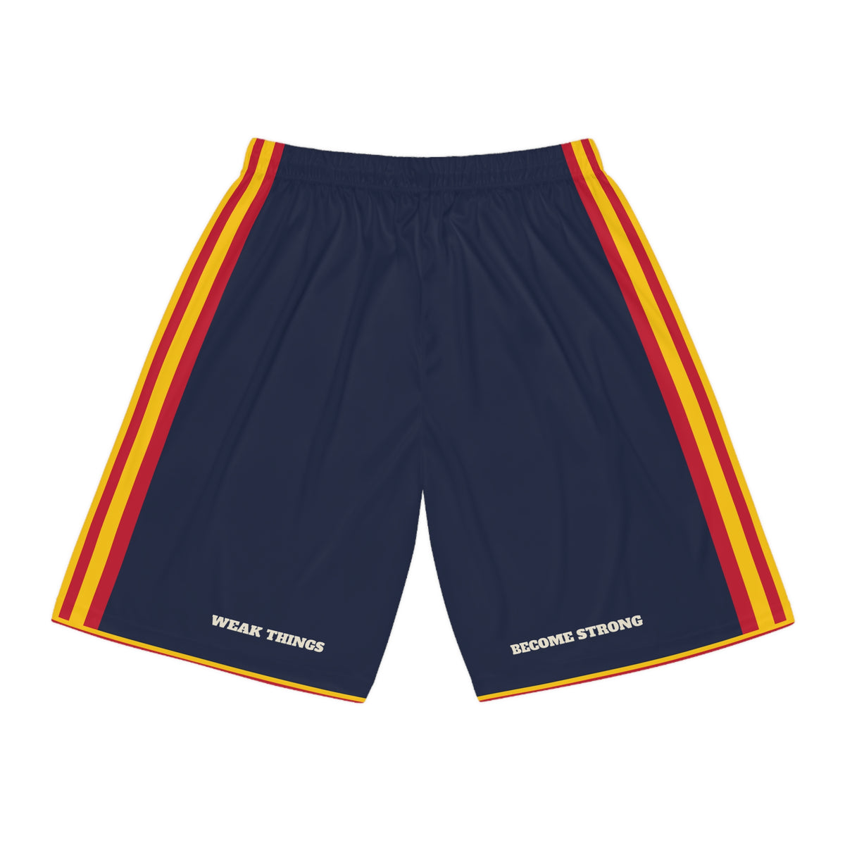 Arizona Mesa Mission Basketball Shorts, back view with WEAK THINGS and BECOME STRONG on the legs