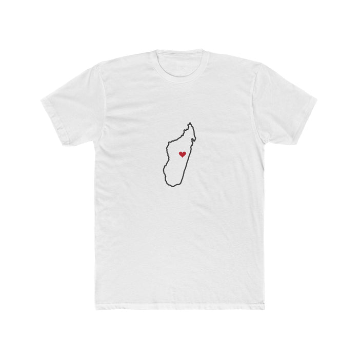 Madagascar Antananarivo North Mission Heart Map shirt in White: Madagascar outline with a red heart, front view