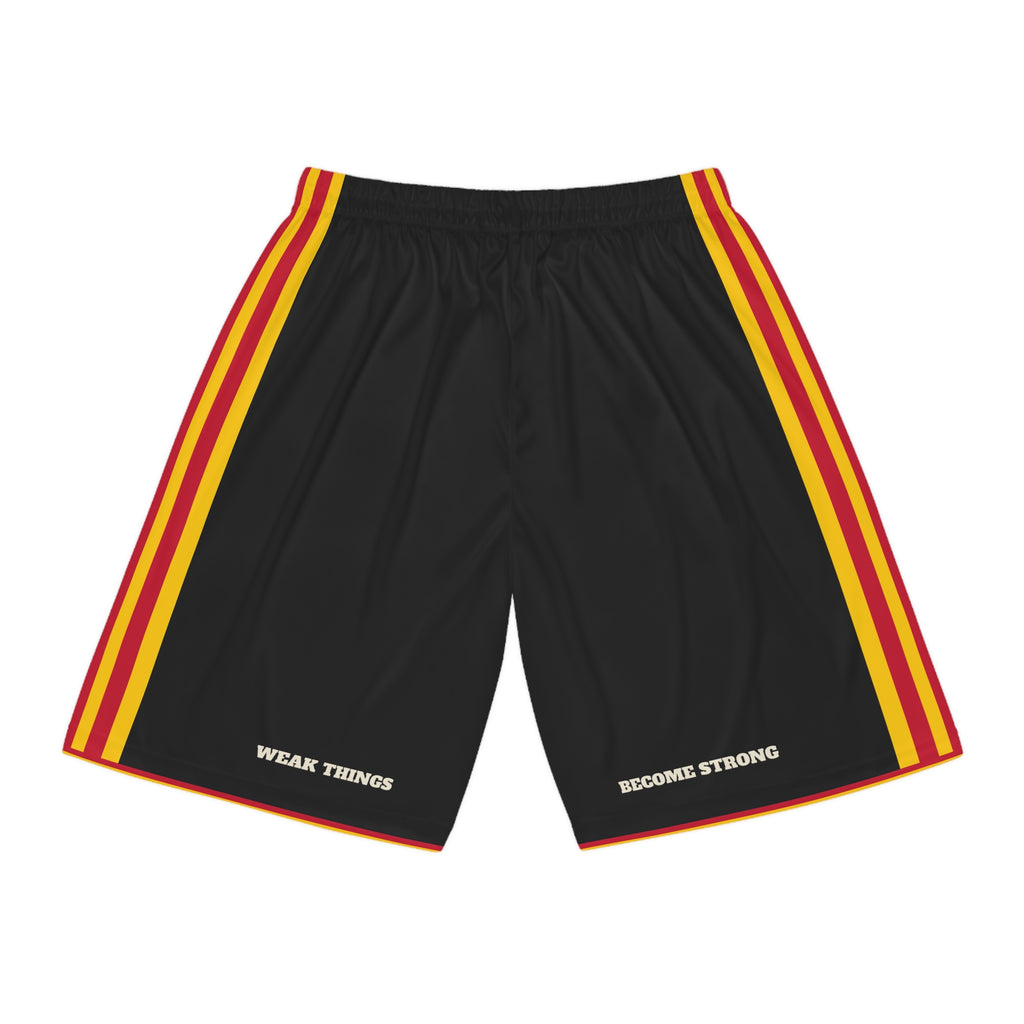 Uganda Kampala Mission Basketball Shorts, back view with WEAK THINGS and BECOME STRONG on the legs