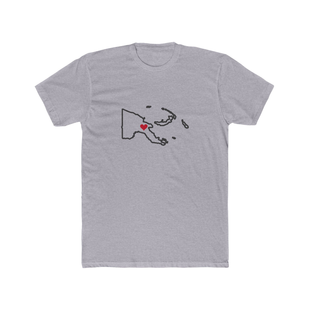 Papua New Guinea Lae Mission Heart Map shirt in Heather Grey: Papua New Guinea outline with a red heart, front view