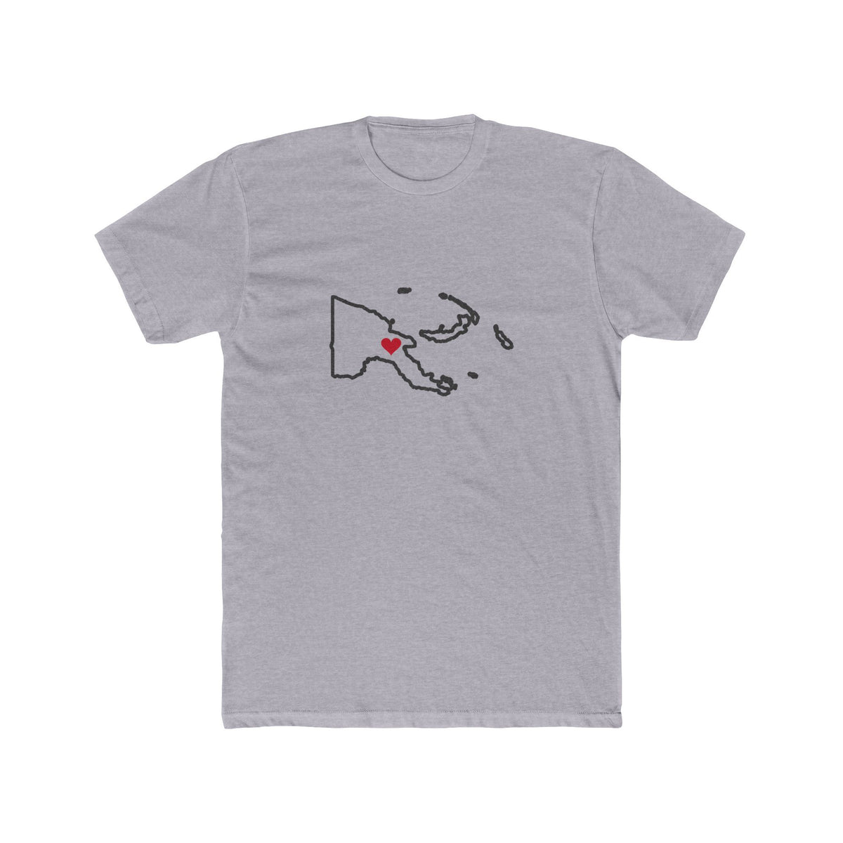 Papua New Guinea Lae Mission Heart Map shirt in Heather Grey: Papua New Guinea outline with a red heart, front view