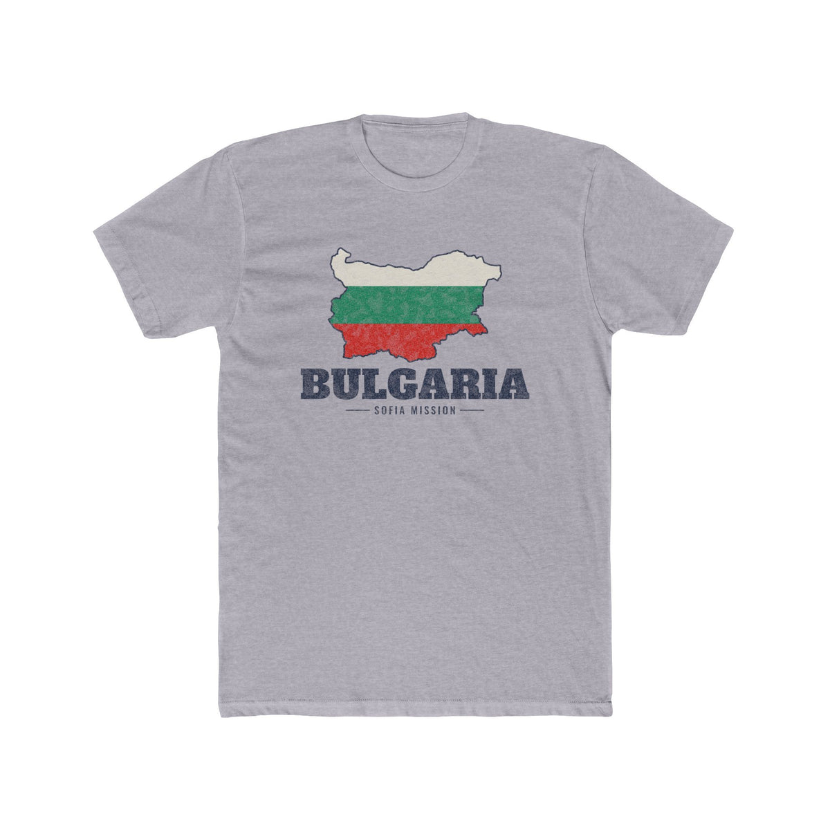Bulgaria Sofia Mission Flag Map shirt in Heather Grey: flag of Bulgaria in the outline of Bulgaria with navy lettering, front view