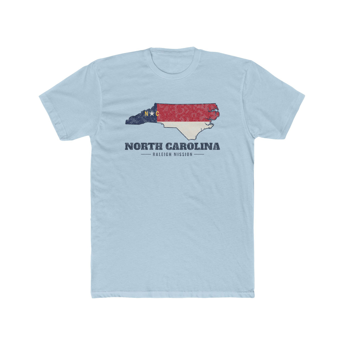 North Carolina Raleigh Mission Flag Map shirt in Desert Pink: North Carolina state flag in the outline of North Carolina with navy lettering, front view