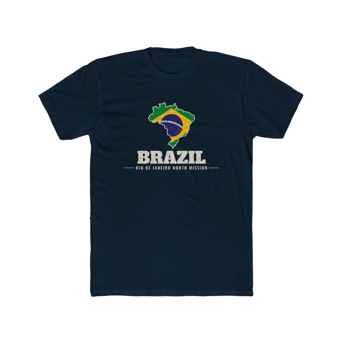 Brazil Rio de Janeiro North Mission Flag Map shirt in Black: flag of Brazil in the outline of Brazil with cream lettering, front view
