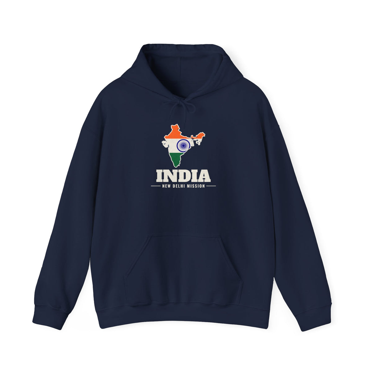 India New Delhi Mission Flag Map Hoodie in Navy, front view with the flag map and mission name