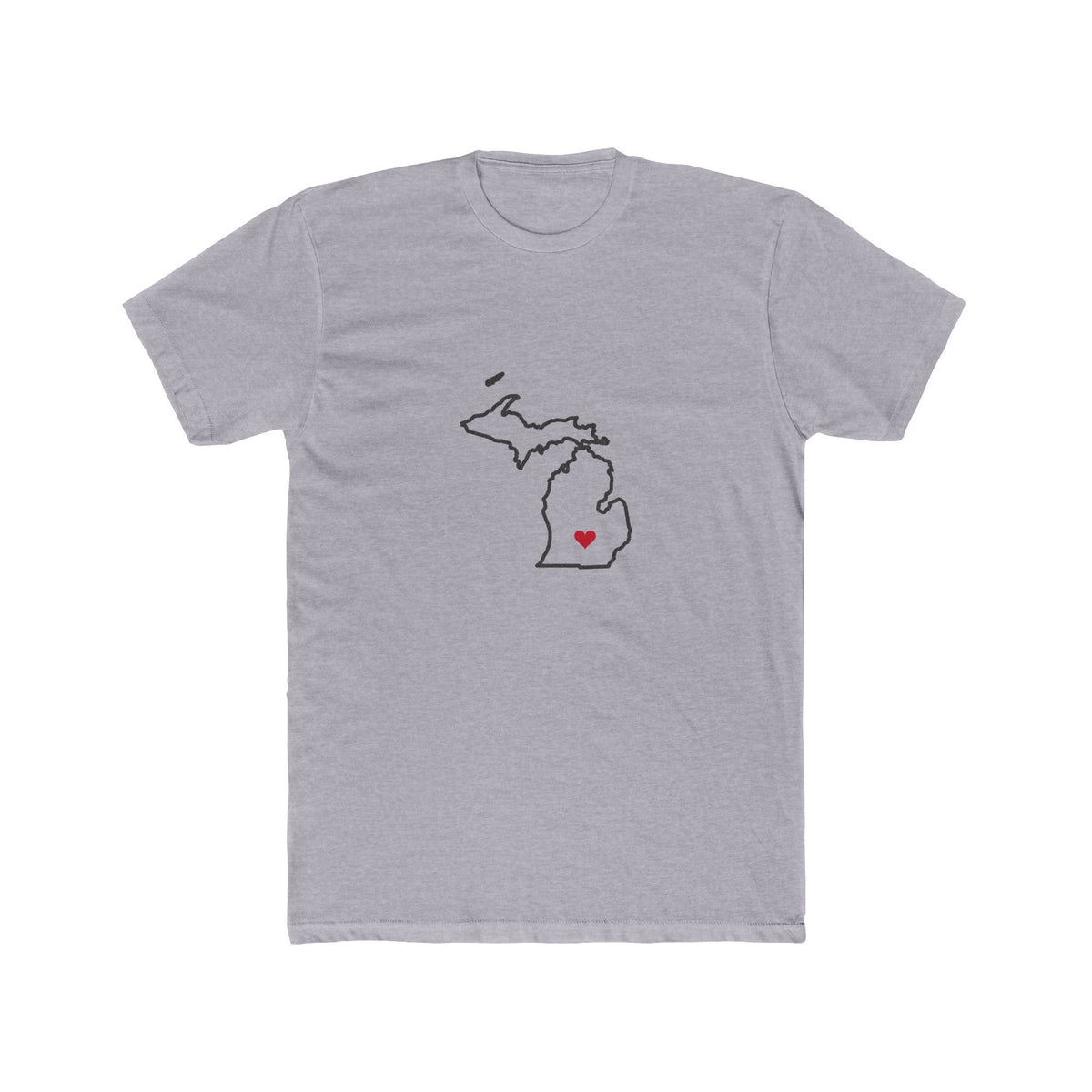 Michigan Lansing Mission Heart Map shirt in Heather Grey: Michigan outline with a red heart, front view