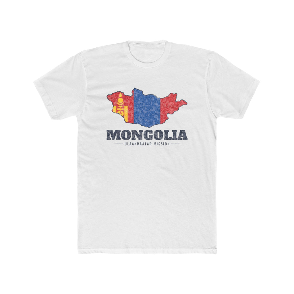 Mongolia Ulaanbaatar Mission Flag Map shirt in White: flag of Mongolia in the outline of Mongolia with navy lettering, front view
