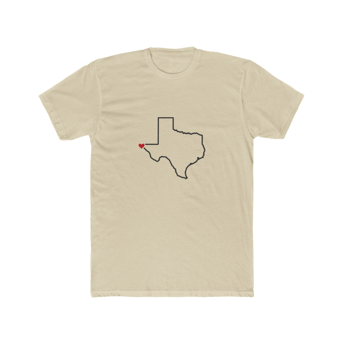 Texas El Paso Mission Heart Map shirt in Cream: Texas outline with a red heart, front view