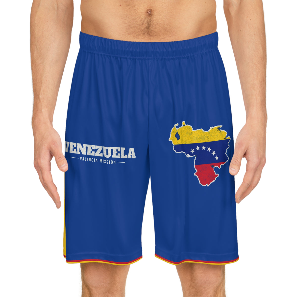 Venezuela Valencia Mission Basketball Shorts, worn, front view