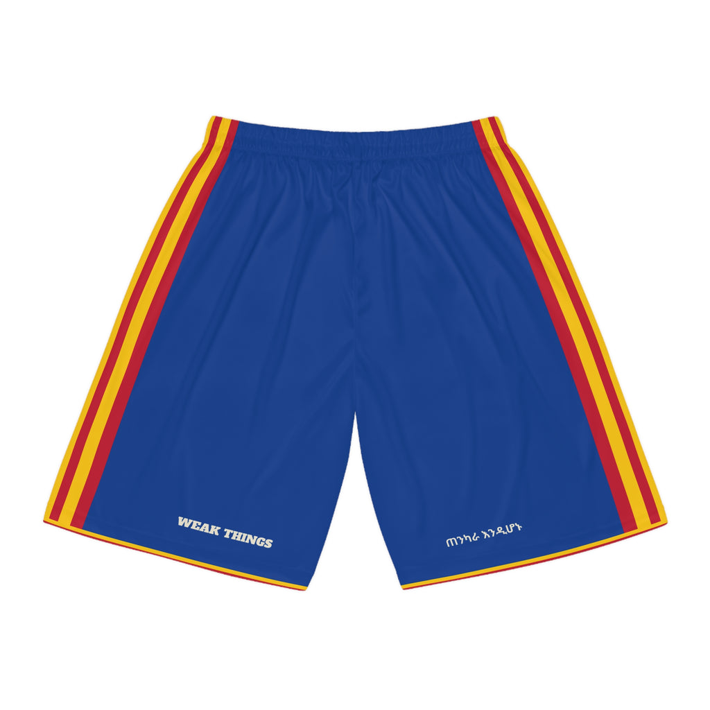 Ethiopia Addis Ababa Mission Basketball Shorts, back view with WEAK THINGS and ጠንካራ እንዲሆኑ on the legs