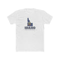 Idaho Coeur d'Alene Mission Flag Map shirt in White: Idaho state flag in the outline of Idaho with navy lettering, front view