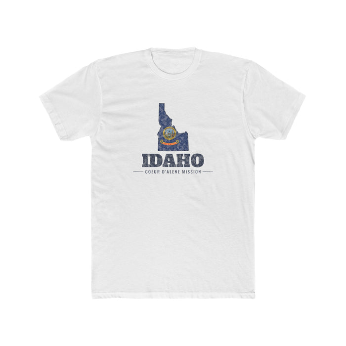 Idaho Coeur d'Alene Mission Flag Map shirt in White: Idaho state flag in the outline of Idaho with navy lettering, front view