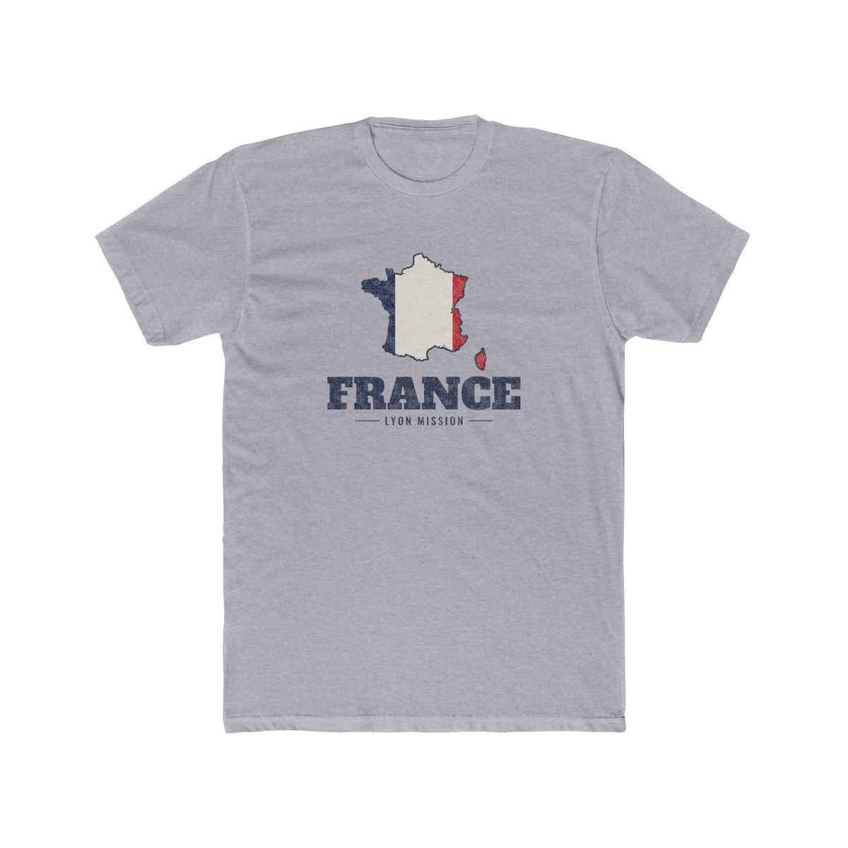 France Lyon Mission Flag Map shirt in Heather Grey: flag of France in the outline of France with navy lettering, front view