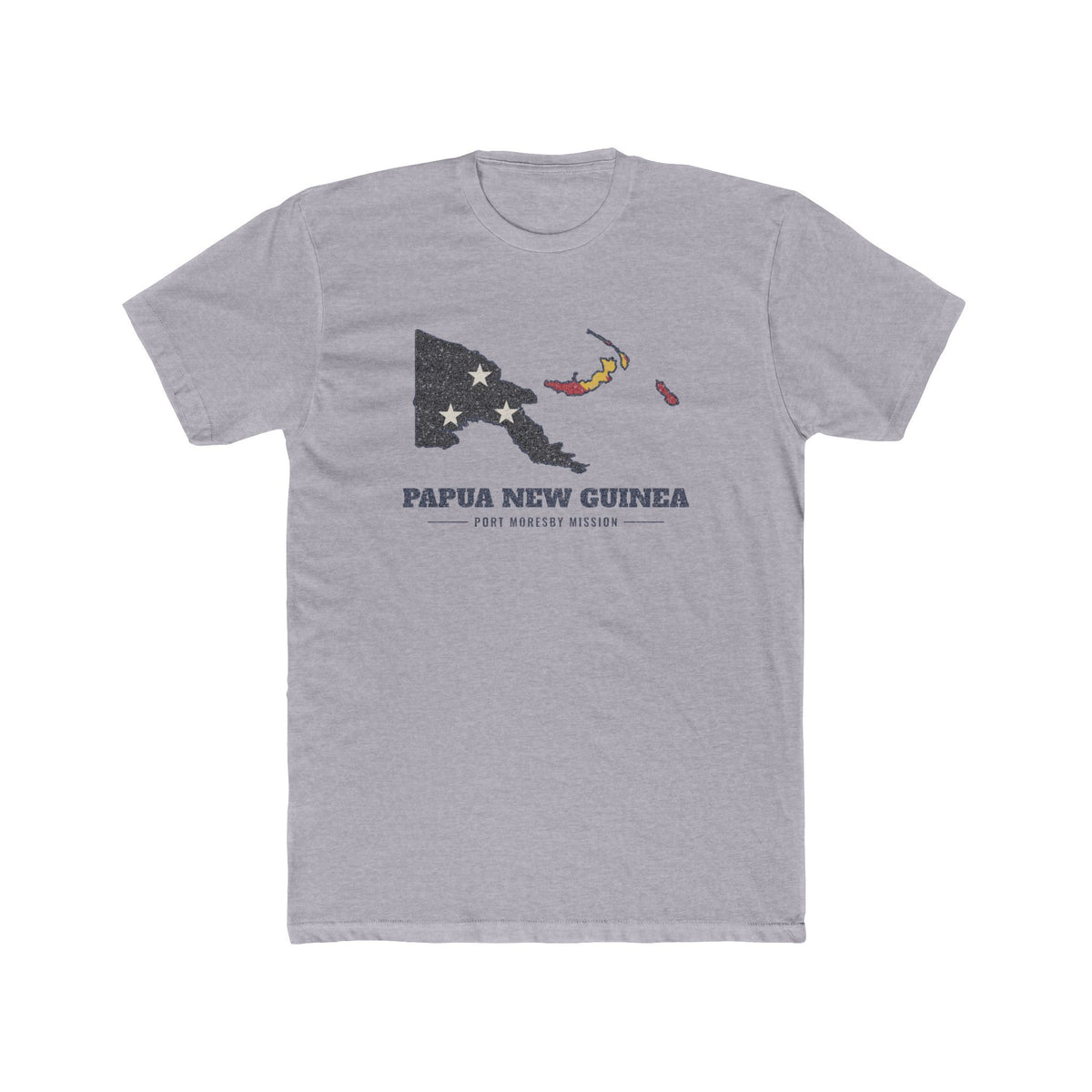 Papua New Guinea Port Moresby Mission Flag Map shirt in Heather Grey: flag of Papua New Guinea in the outline of Papua New Guinea with navy lettering, front view