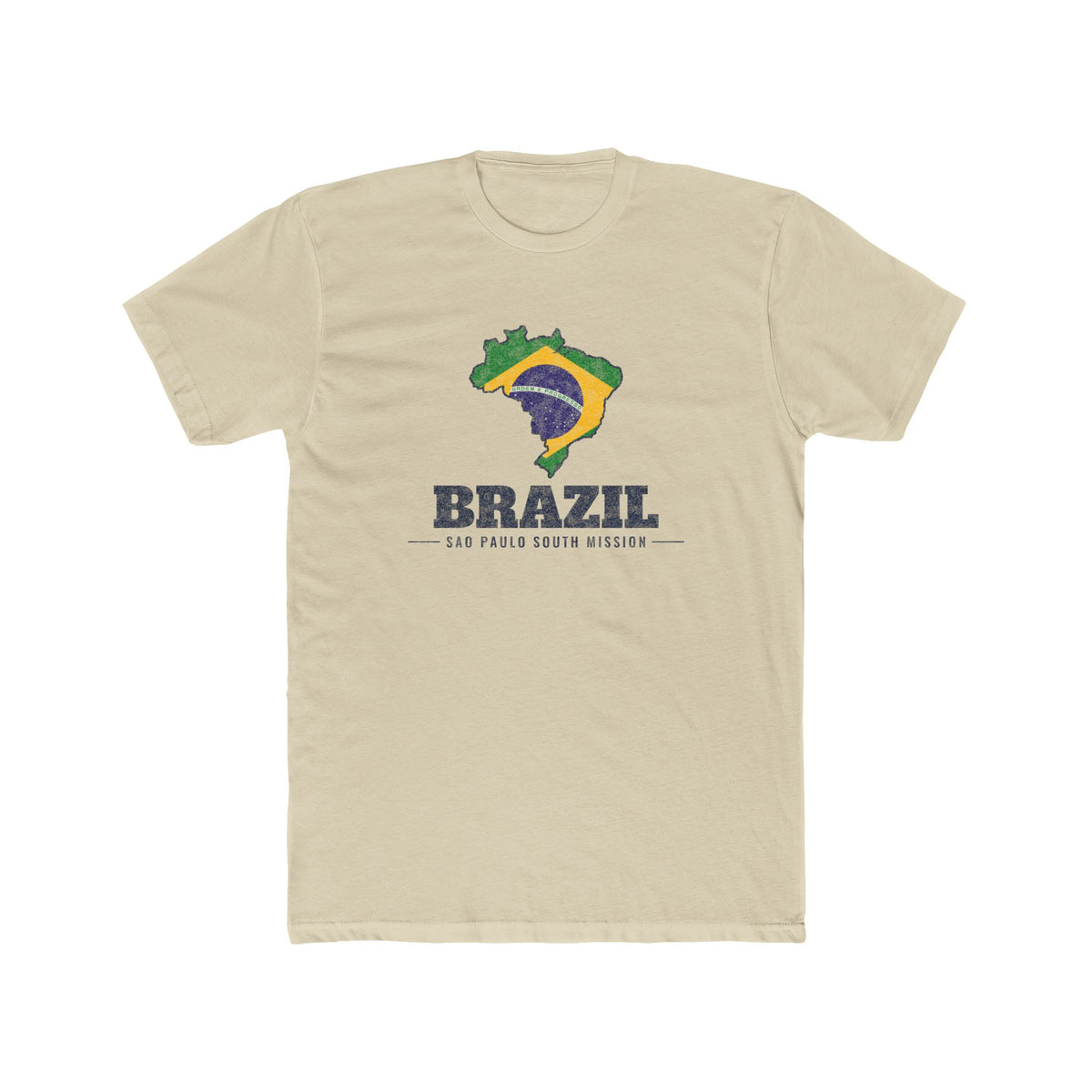 Brazil Sao Paulo South Mission Flag Map shirt in Cream: flag of Brazil in the outline of Brazil with navy lettering, front view