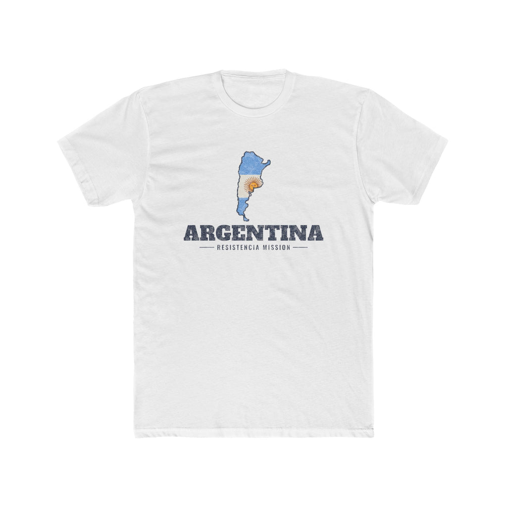 Argentina Resistencia Mission Flag Map shirt in White: flag of Argentina in the outline of Argentina with navy lettering, front view