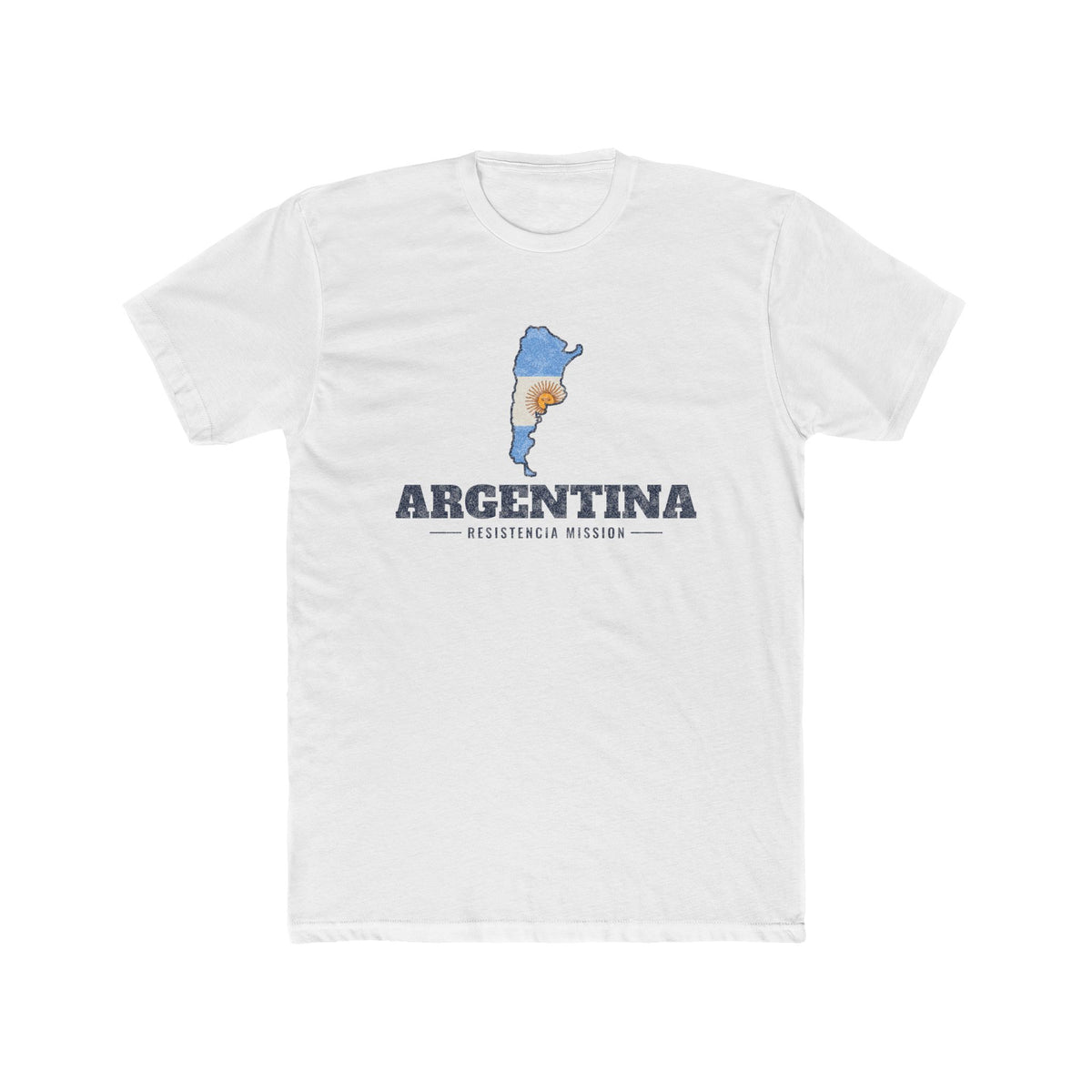 Argentina Resistencia Mission Flag Map shirt in White: flag of Argentina in the outline of Argentina with navy lettering, front view