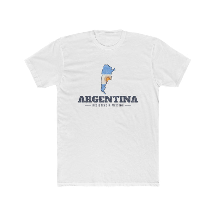 Argentina Resistencia Mission Flag Map shirt in White: flag of Argentina in the outline of Argentina with navy lettering, front view