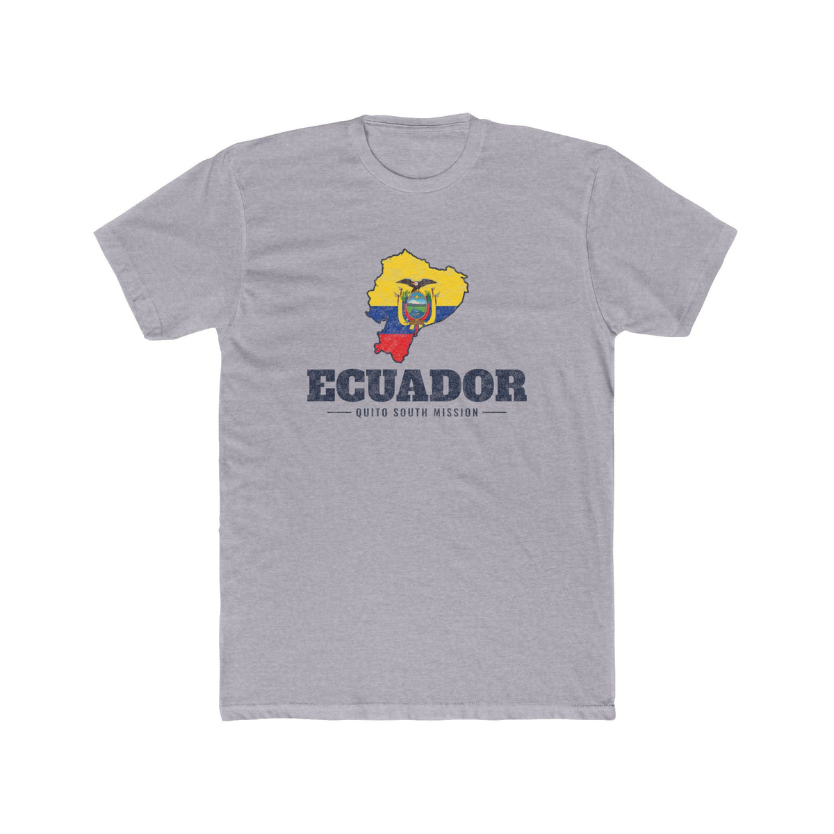 Ecuador Quito South Mission Flag Map shirt in Heather Grey: flag of Ecuador in the outline of Ecuador with navy lettering, front view