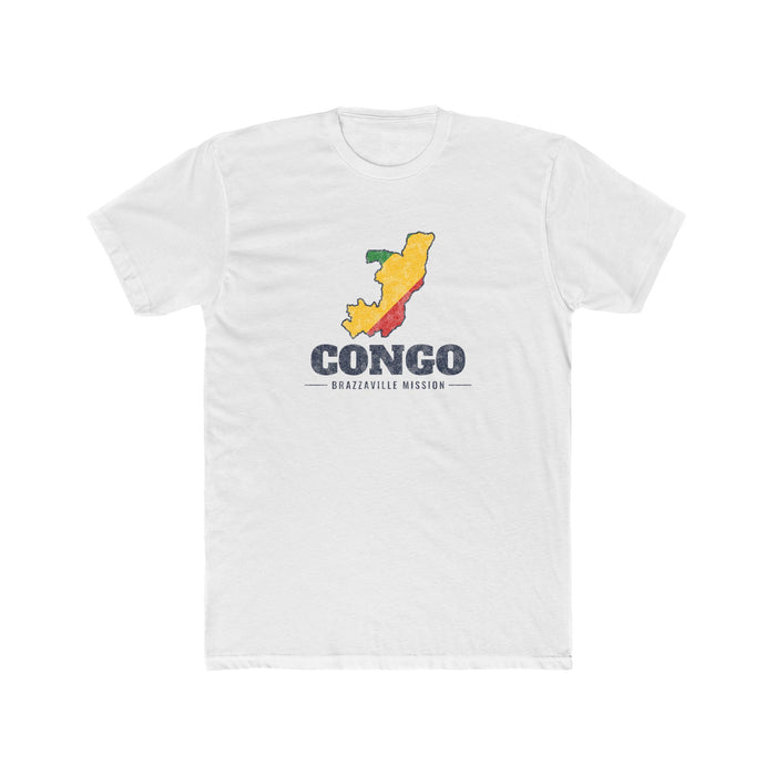 Republic of Congo Brazzaville Mission Flag Map shirt in White: flag of the Republic of Congo in the outline of the Republic of Congo with navy lettering, front view