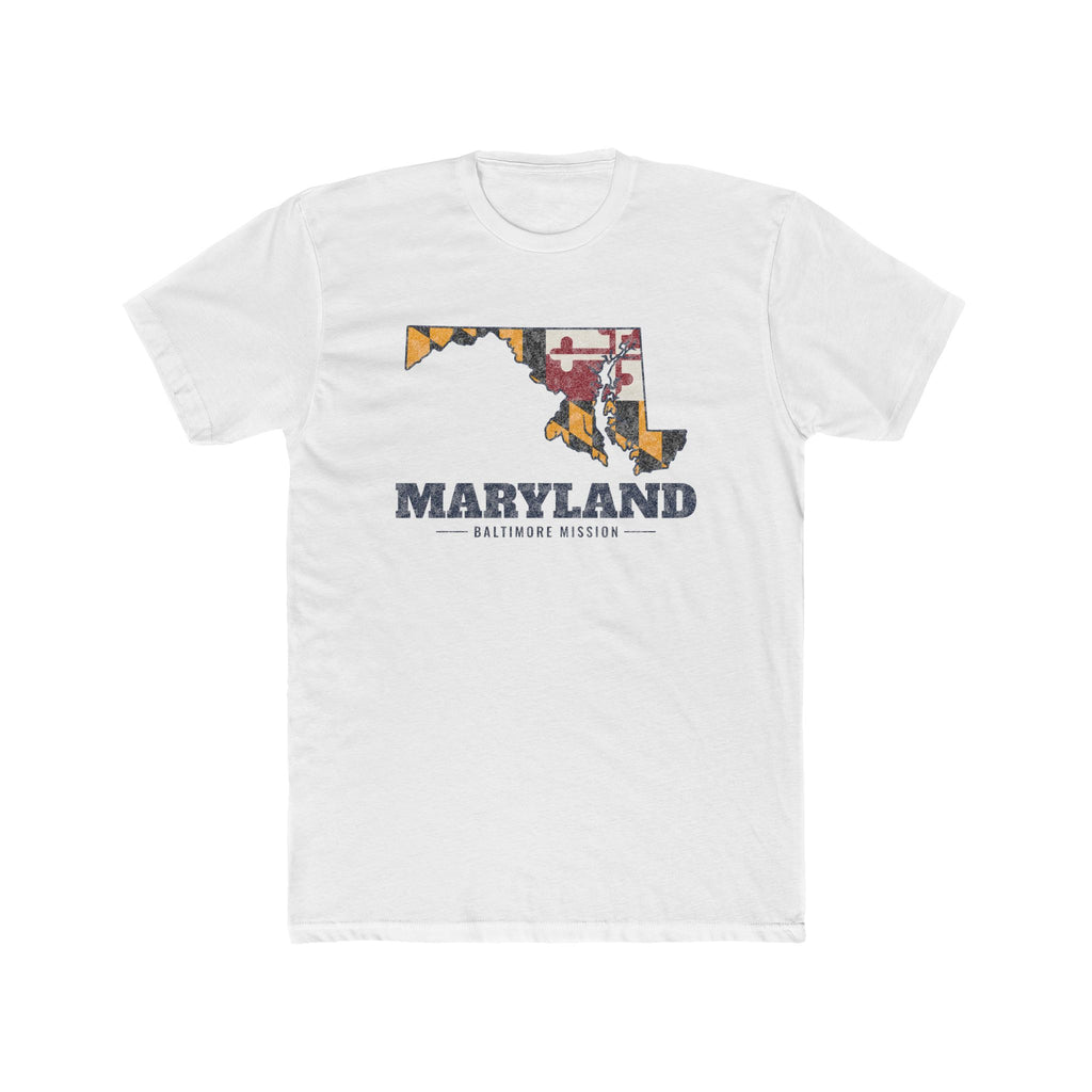 Maryland Baltimore Mission Flag Map shirt in White: Maryland state flag in the outline of Maryland with navy lettering, front view