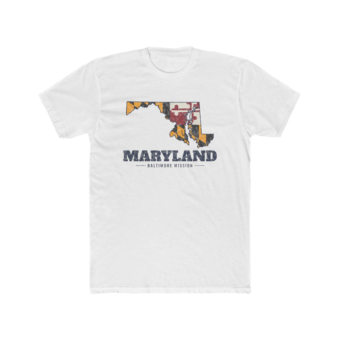Maryland Baltimore Mission Flag Map shirt in White: Maryland state flag in the outline of Maryland with navy lettering, front view