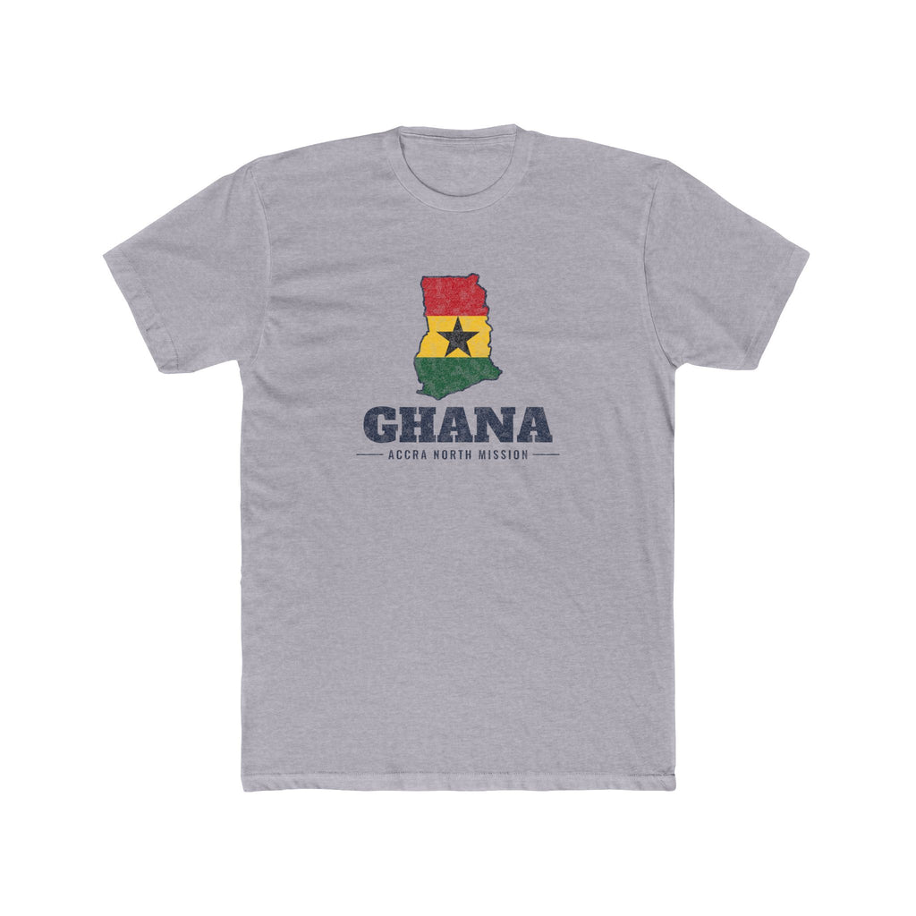 Ghana Accra North Mission Flag Map shirt in Heather Grey: flag of Ghana in the outline of Ghana with navy lettering, front view