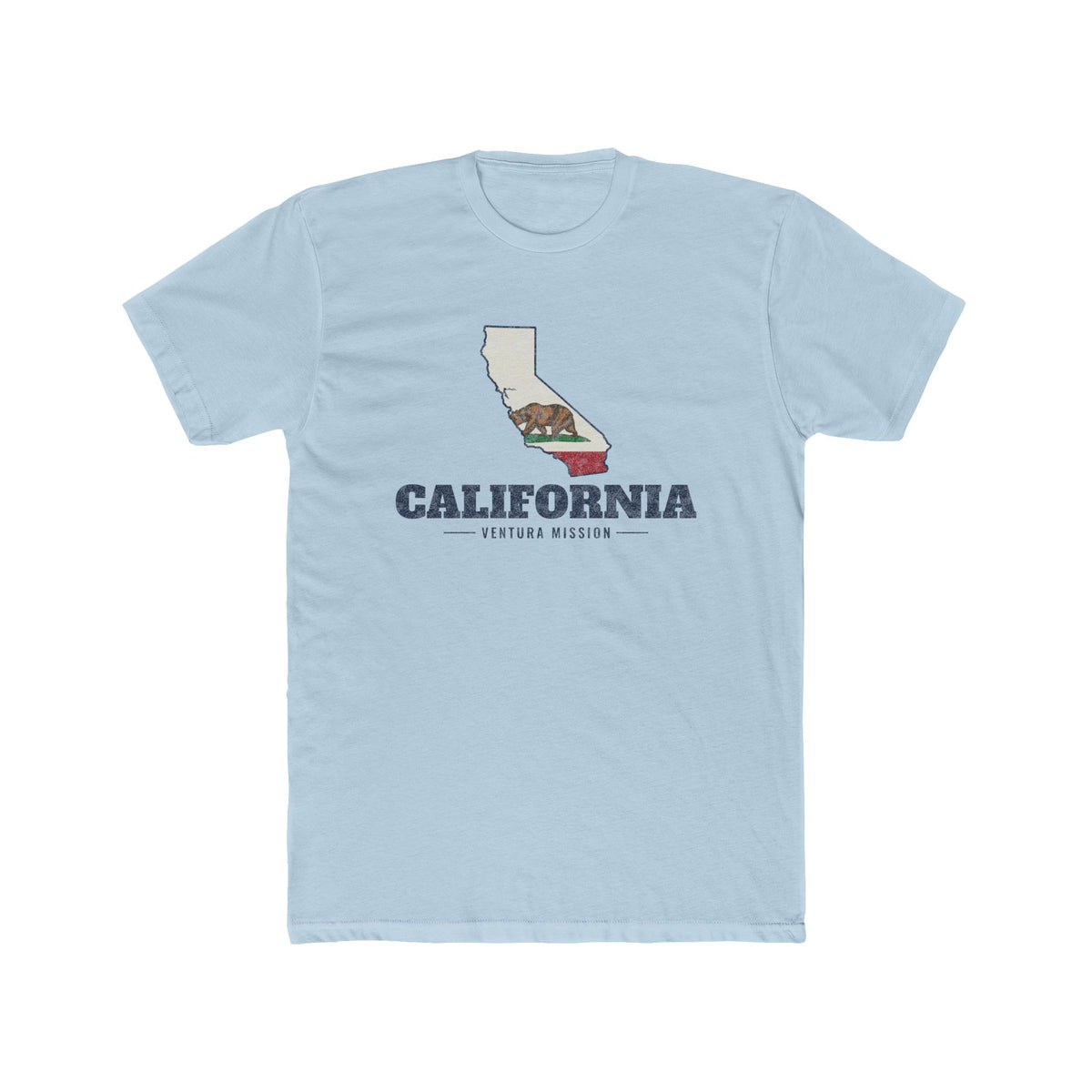California Ventura Mission Flag Map shirt in Desert Pink: California state flag in the outline of California with navy lettering, front view
