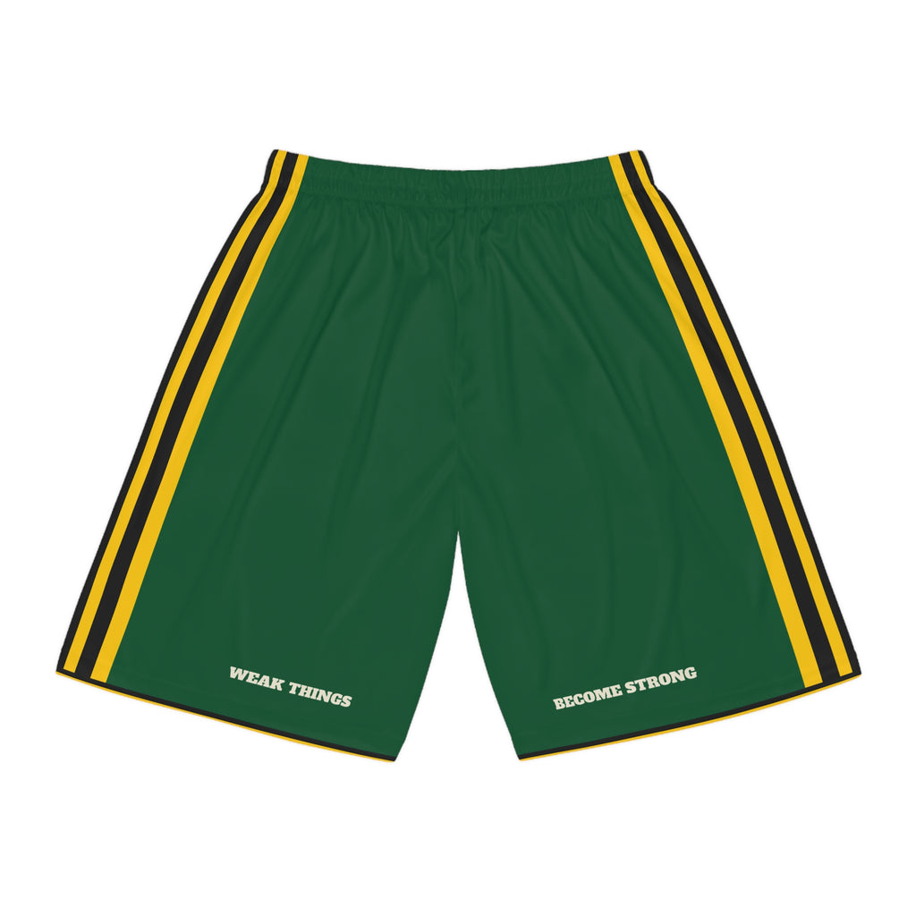 Washington Kennewick Mission Basketball Shorts, back view with WEAK THINGS and BECOME STRONG on the legs